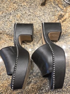 Stuart Weitzman Black Platform Slide Sandals with Silver Stud Trim